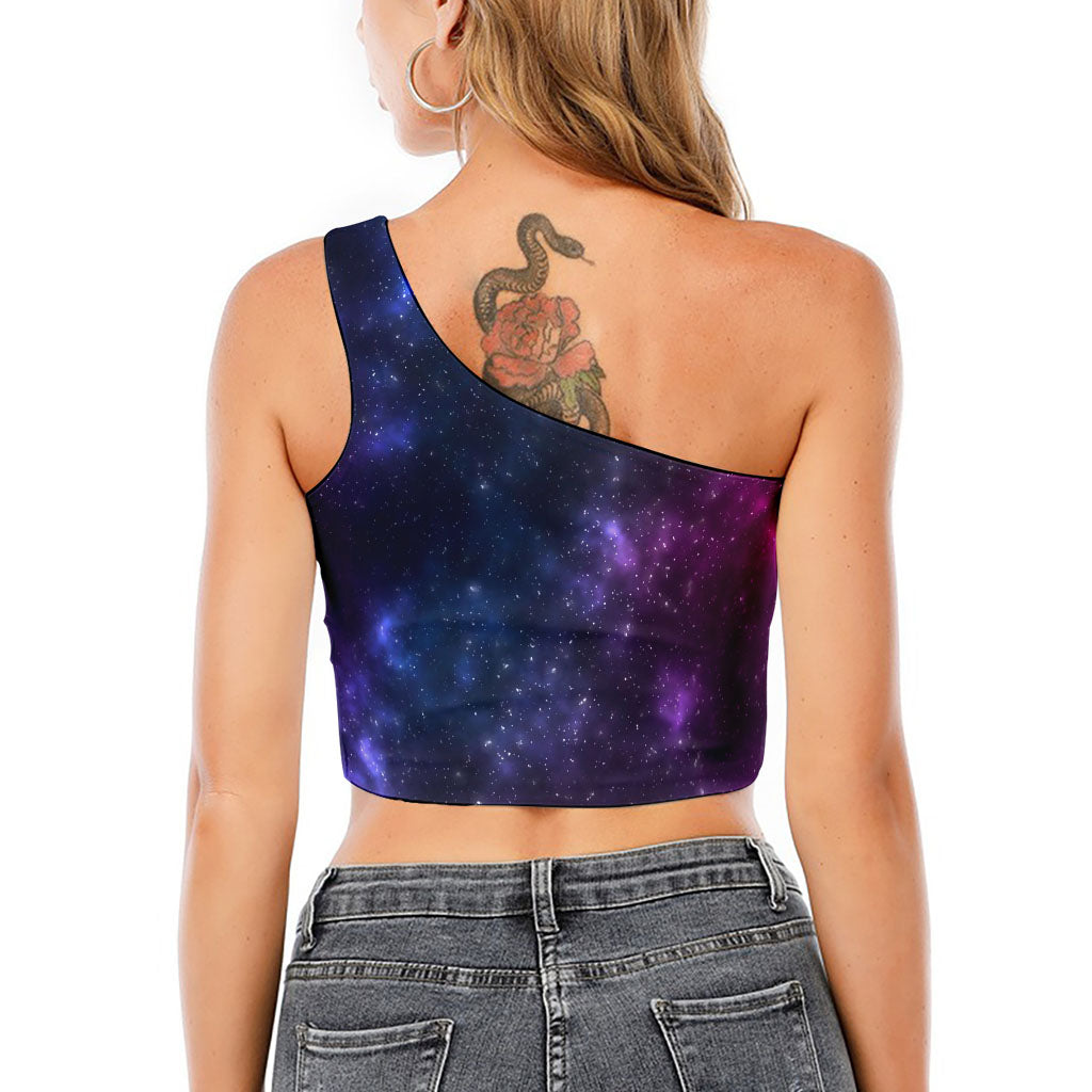 Blue Purple Cosmic Galaxy Space Print One Shoulder Crop Top