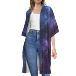 Blue Purple Cosmic Galaxy Space Print Open Front Beach Cover Up