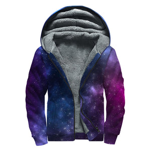 Blue Purple Cosmic Galaxy Space Print Sherpa Lined Zip Up Hoodie