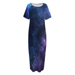 Blue Purple Cosmic Galaxy Space Print Short Sleeve Long Nightdress
