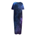 Blue Purple Cosmic Galaxy Space Print Short Sleeve Long Nightdress