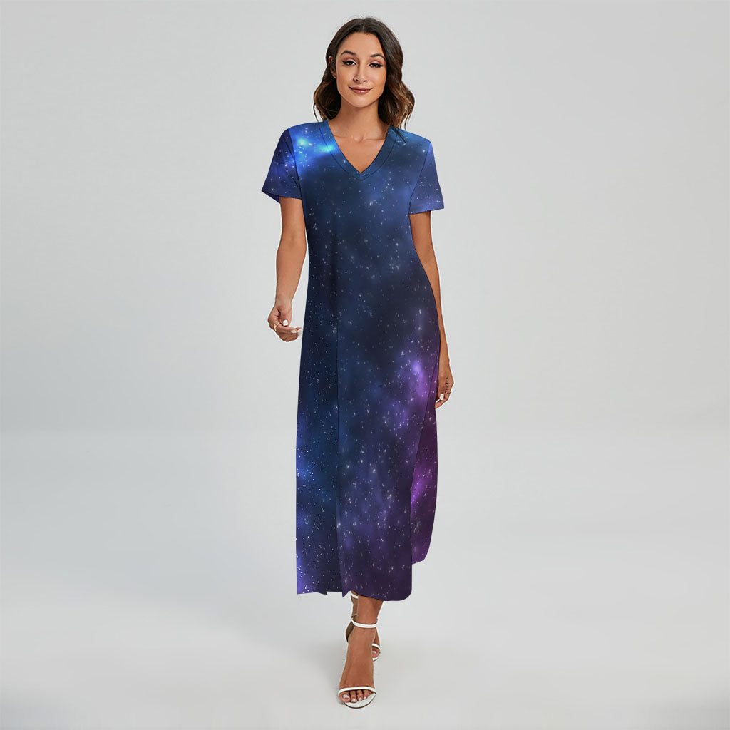 Blue Purple Cosmic Galaxy Space Print Short Sleeve Maxi Dress