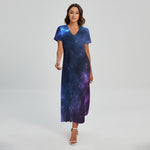 Blue Purple Cosmic Galaxy Space Print Short Sleeve Maxi Dress