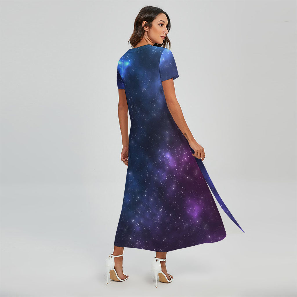Blue Purple Cosmic Galaxy Space Print Short Sleeve Maxi Dress
