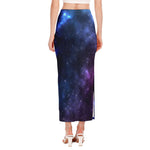 Blue Purple Cosmic Galaxy Space Print Side Slit Maxi Skirt