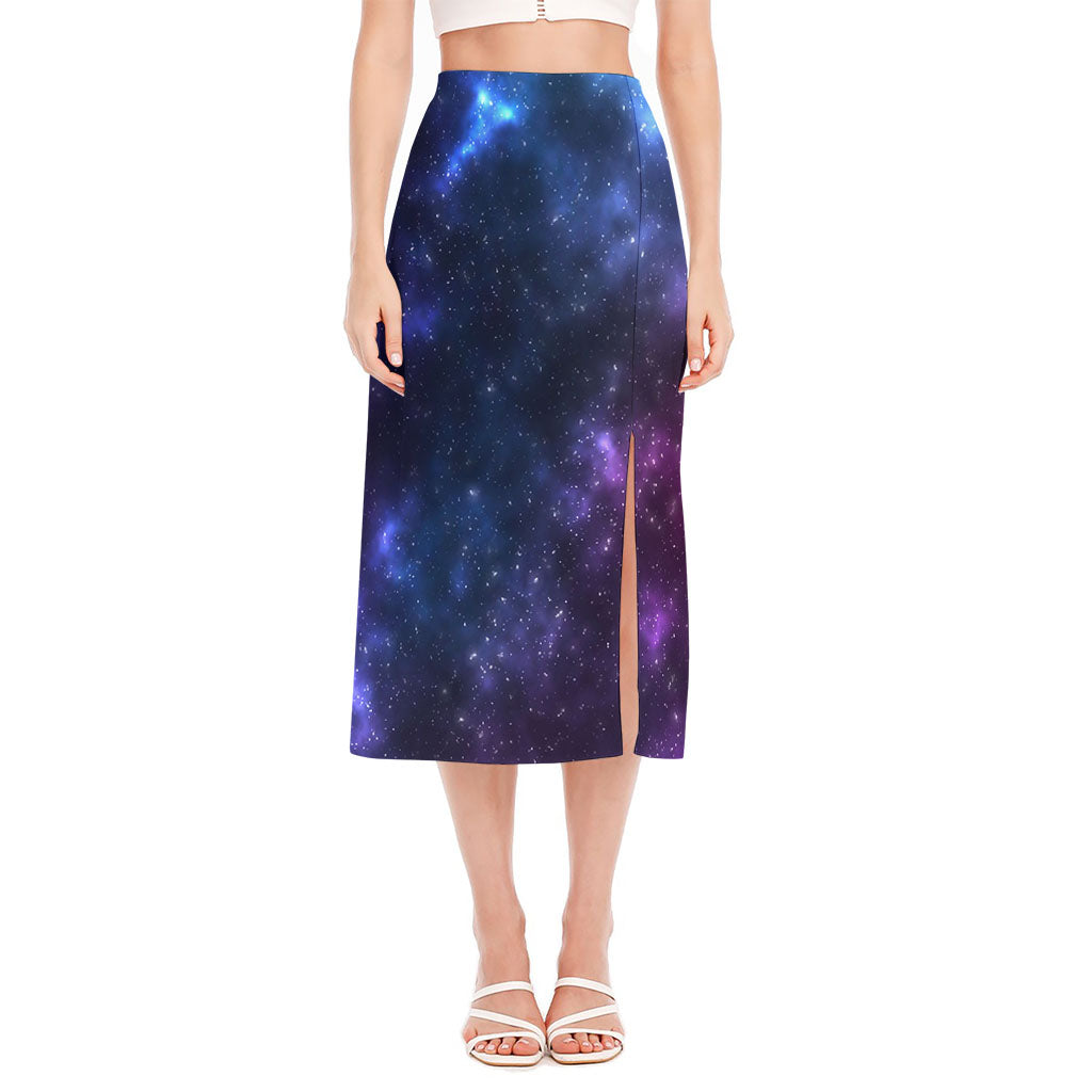 Blue Purple Cosmic Galaxy Space Print Side Slit Midi Skirt