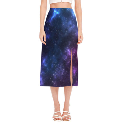 Blue Purple Cosmic Galaxy Space Print Side Slit Midi Skirt