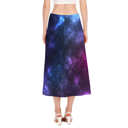 Blue Purple Cosmic Galaxy Space Print Side Slit Midi Skirt