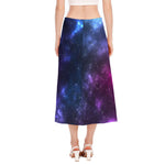 Blue Purple Cosmic Galaxy Space Print Side Slit Midi Skirt