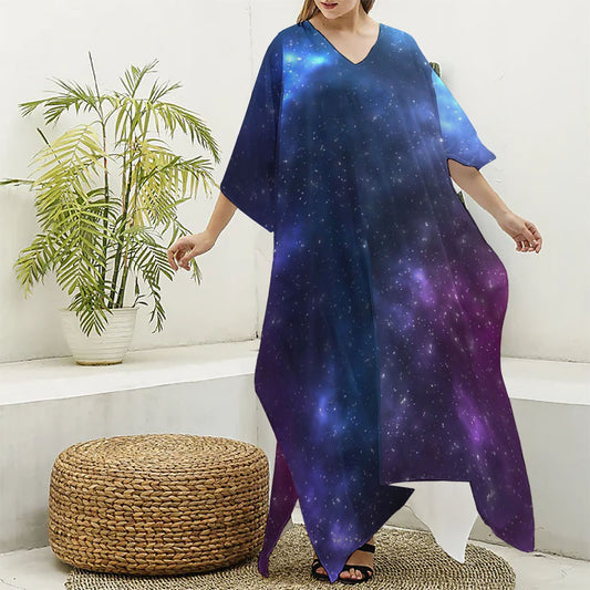 Blue Purple Cosmic Galaxy Space Print Silk V-Neck Kaftan Dress