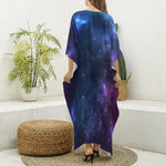 Blue Purple Cosmic Galaxy Space Print Silk V-Neck Kaftan Dress