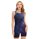 Blue Purple Cosmic Galaxy Space Print Sleeveless One Piece Swimsuit