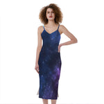 Blue Purple Cosmic Galaxy Space Print Slim Fit Midi Cami Dress