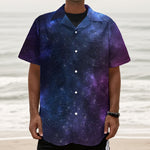 Blue Purple Cosmic Galaxy Space Print Textured Short Sleeve Shirt