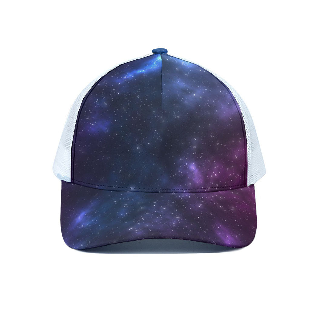 Blue Purple Cosmic Galaxy Space Print White Mesh Trucker Cap