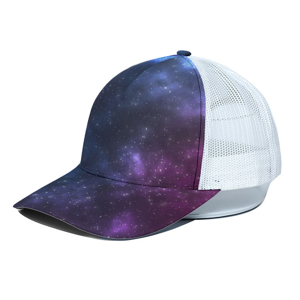 Blue Purple Cosmic Galaxy Space Print White Mesh Trucker Cap