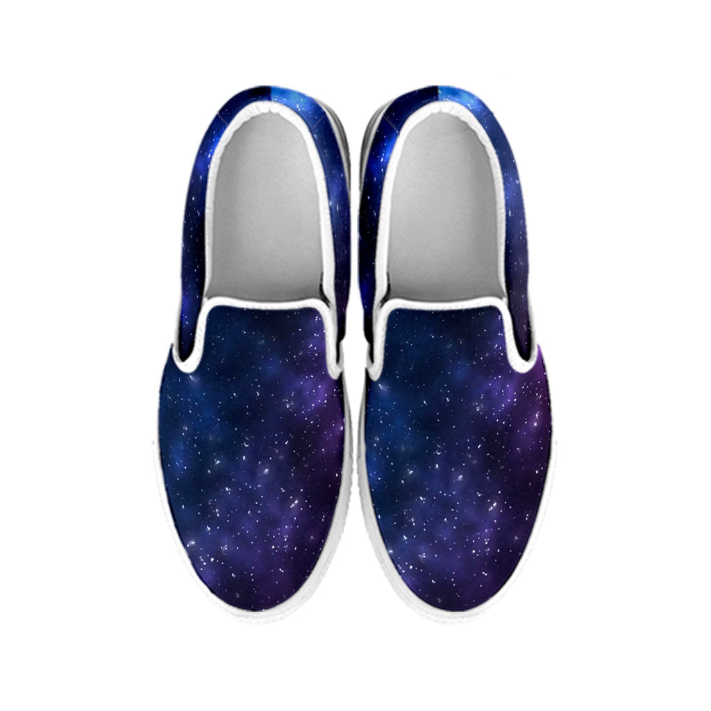 Blue Purple Cosmic Galaxy Space Print White Slip On Sneakers