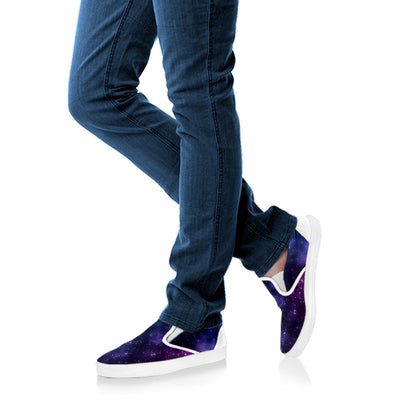 Blue Purple Cosmic Galaxy Space Print White Slip On Sneakers