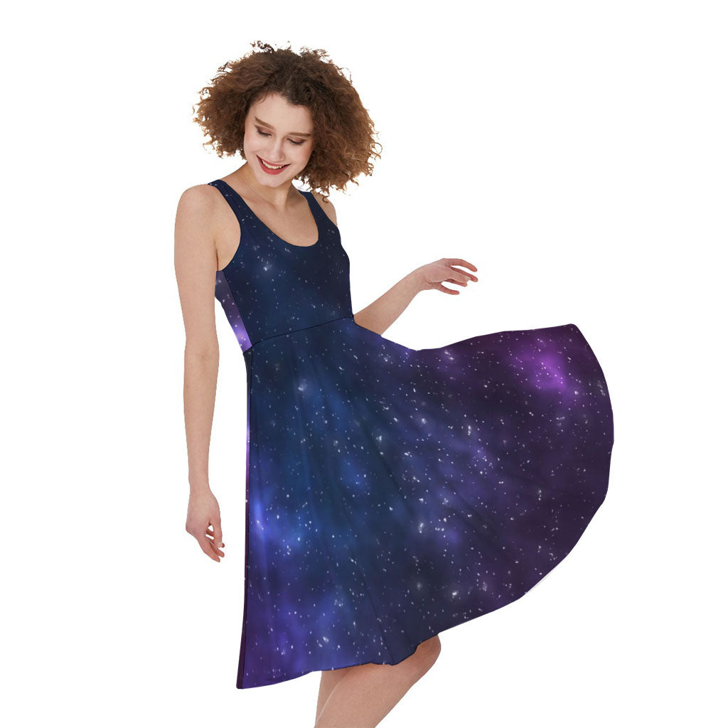 Blue Purple Cosmic Galaxy Space Print Women's Sleeveless Dress
