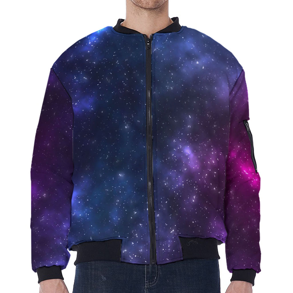 Blue Purple Cosmic Galaxy Space Print Zip Sleeve Bomber Jacket