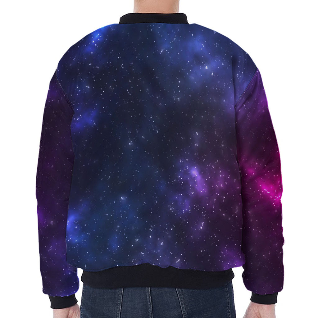 Blue Purple Cosmic Galaxy Space Print Zip Sleeve Bomber Jacket
