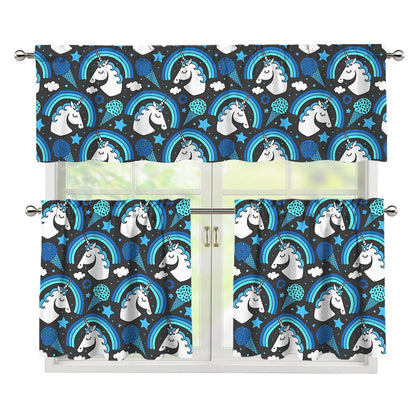 Blue Rainbow Unicorn Pattern Print 3 Piece Kitchen Curtains