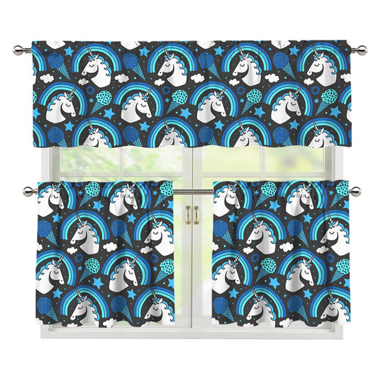 Blue Rainbow Unicorn Pattern Print 3 Piece Kitchen Curtains