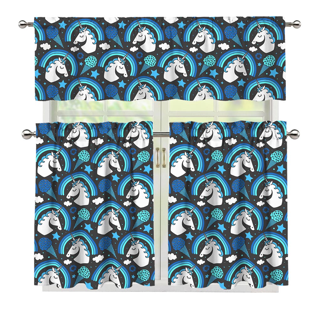 Blue Rainbow Unicorn Pattern Print 3 Piece Kitchen Curtains