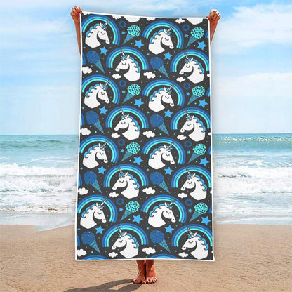 Blue Rainbow Unicorn Pattern Print Beach Towel
