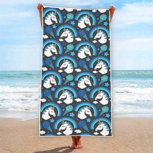 Blue Rainbow Unicorn Pattern Print Beach Towel