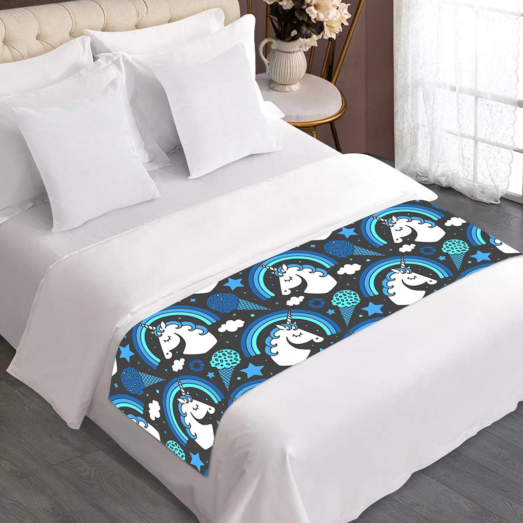 Blue Rainbow Unicorn Pattern Print Bed Runner