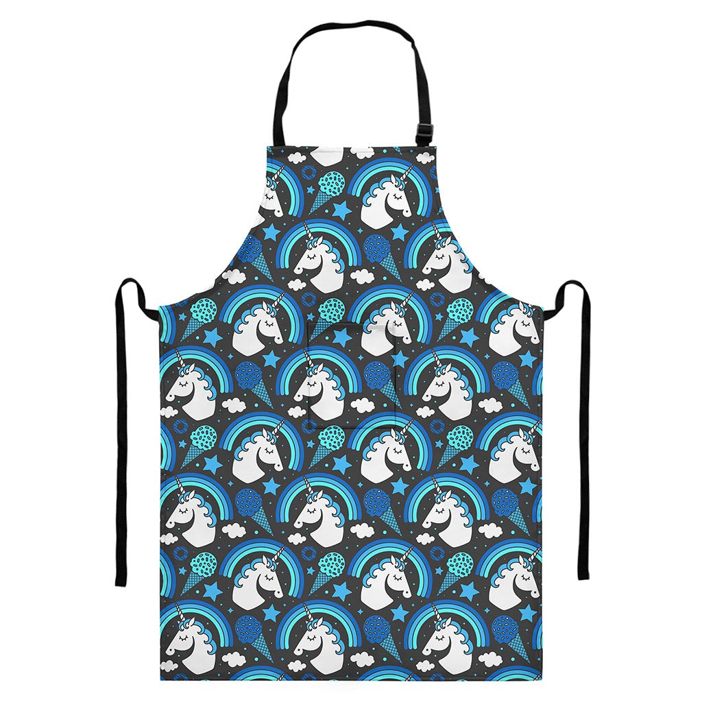 Blue Rainbow Unicorn Pattern Print Bib Apron With Pocket
