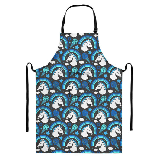 Blue Rainbow Unicorn Pattern Print Bib Apron With Pocket