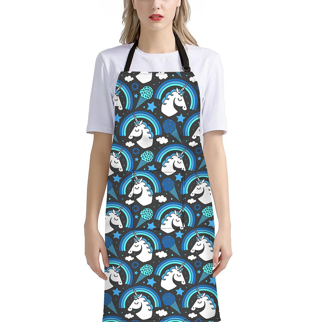 Blue Rainbow Unicorn Pattern Print Bib Apron With Pocket