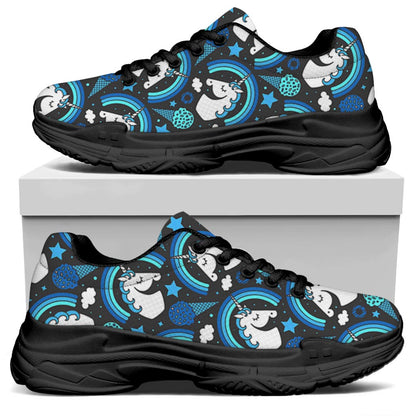 Blue Rainbow Unicorn Pattern Print Black Chunky Shoes