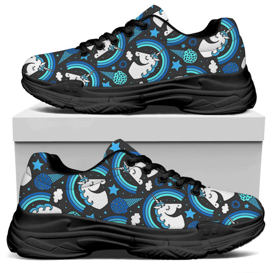 Blue Rainbow Unicorn Pattern Print Black Chunky Shoes