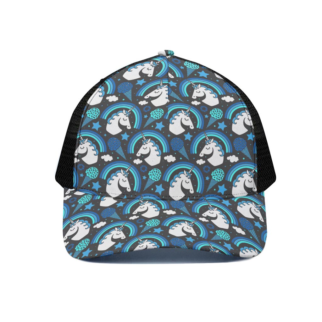 Blue Rainbow Unicorn Pattern Print Black Mesh Trucker Cap