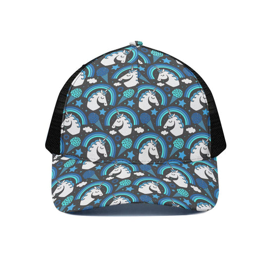 Blue Rainbow Unicorn Pattern Print Black Mesh Trucker Cap
