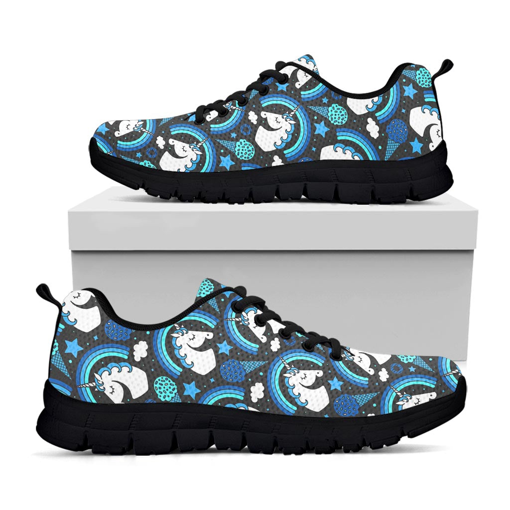 Blue Rainbow Unicorn Pattern Print Black Running Shoes