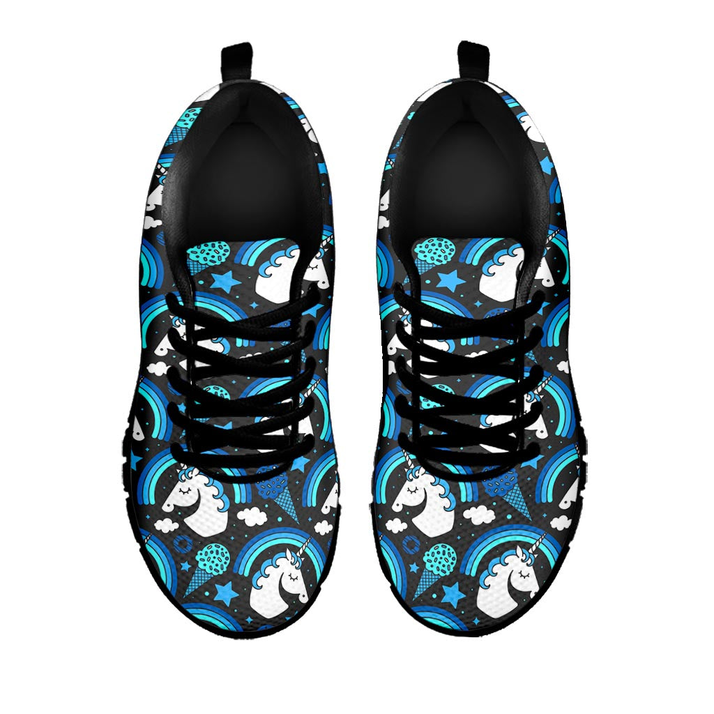 Blue Rainbow Unicorn Pattern Print Black Running Shoes