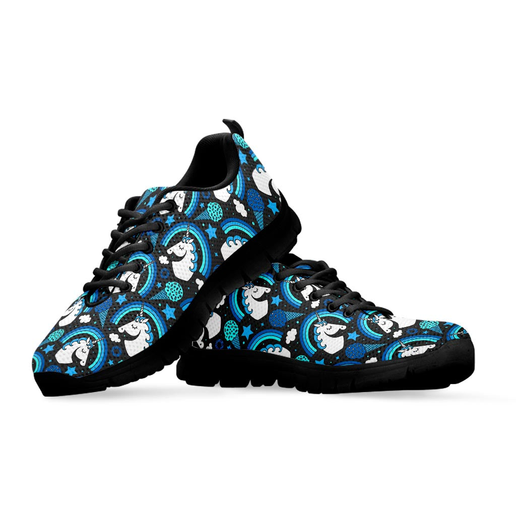 Blue Rainbow Unicorn Pattern Print Black Running Shoes