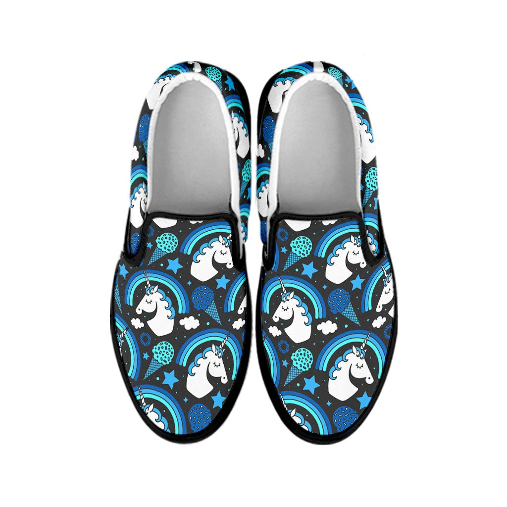 Blue Rainbow Unicorn Pattern Print Black Slip On Sneakers