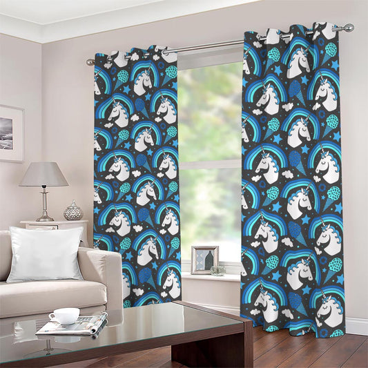 Blue Rainbow Unicorn Pattern Print Blackout Grommet Curtains