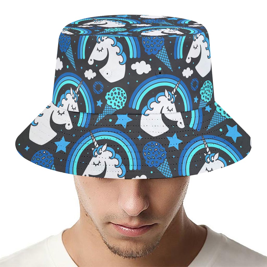 Blue Rainbow Unicorn Pattern Print Bucket Hat