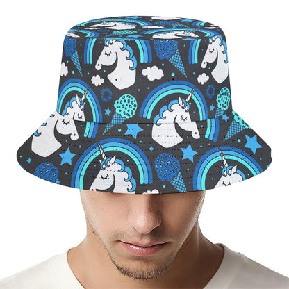 Blue Rainbow Unicorn Pattern Print Bucket Hat