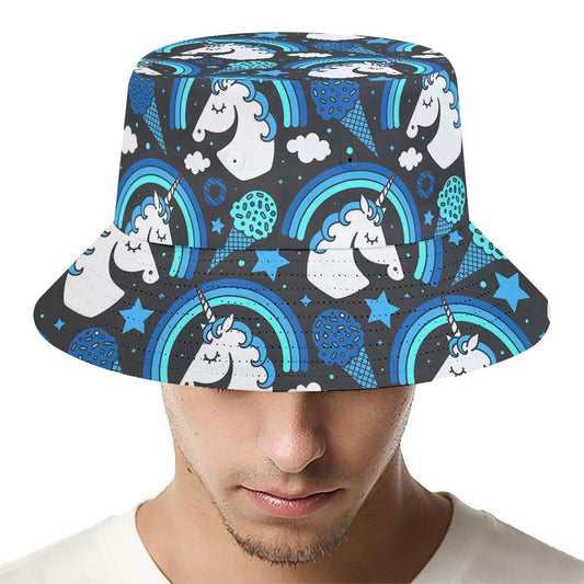 Blue Rainbow Unicorn Pattern Print Bucket Hat