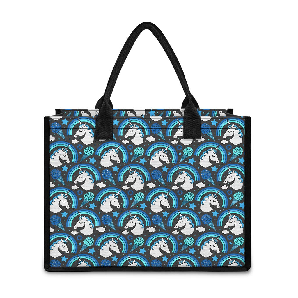 Blue Rainbow Unicorn Pattern Print Canvas Tote Bag