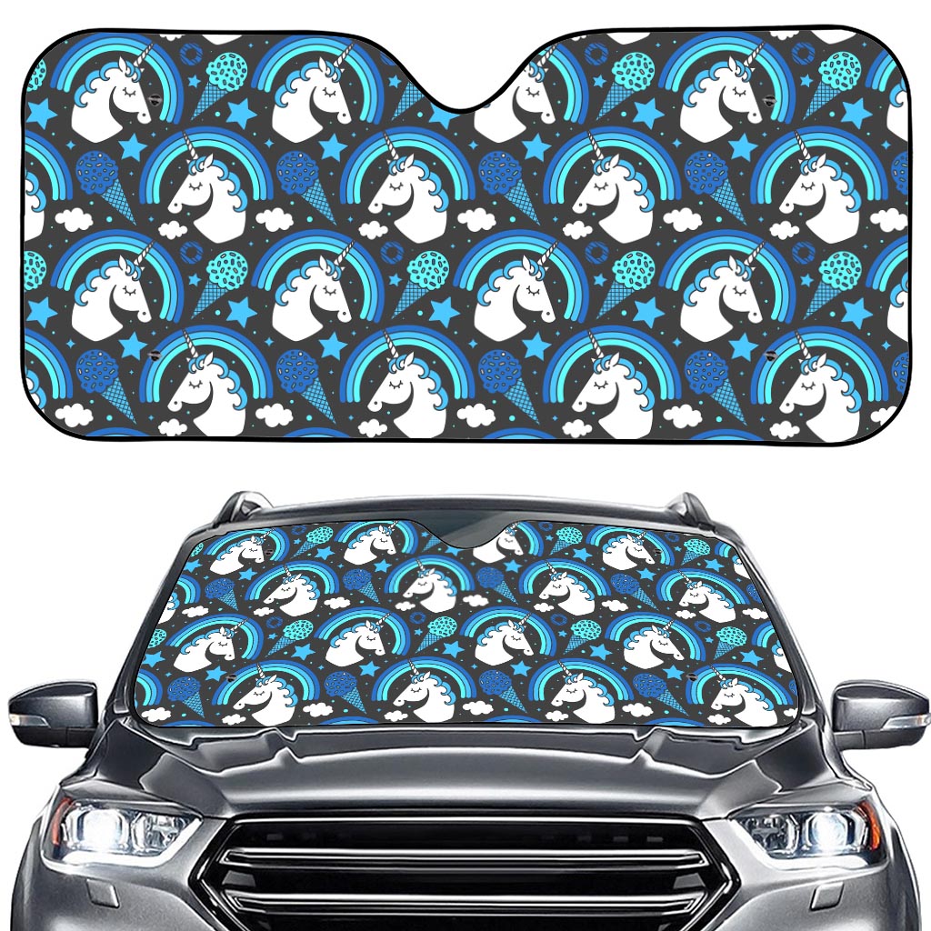 Blue Rainbow Unicorn Pattern Print Car Windshield Sun Shade