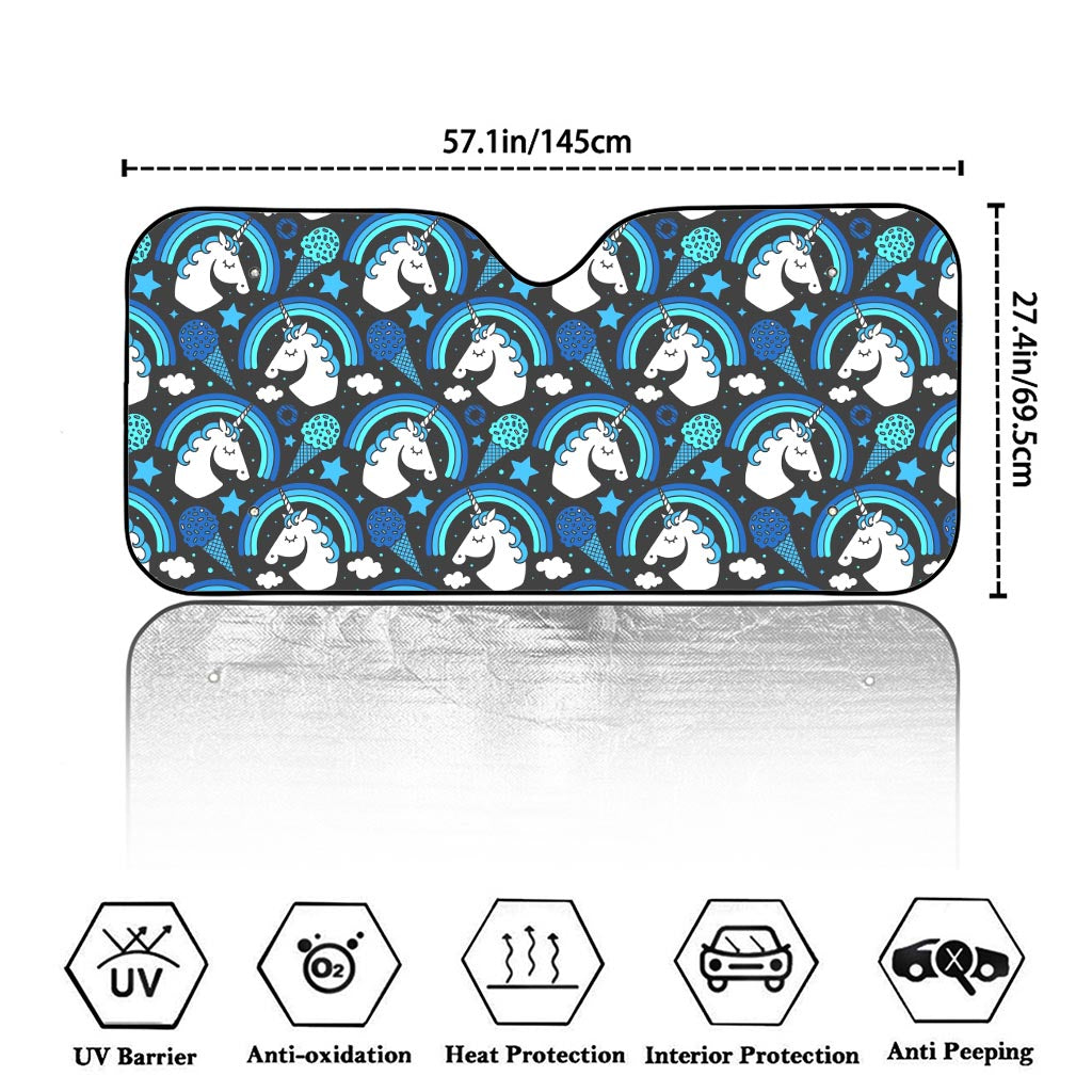 Blue Rainbow Unicorn Pattern Print Car Windshield Sun Shade