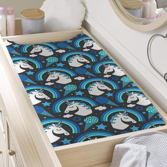 Blue Rainbow Unicorn Pattern Print Changing Pad Cover